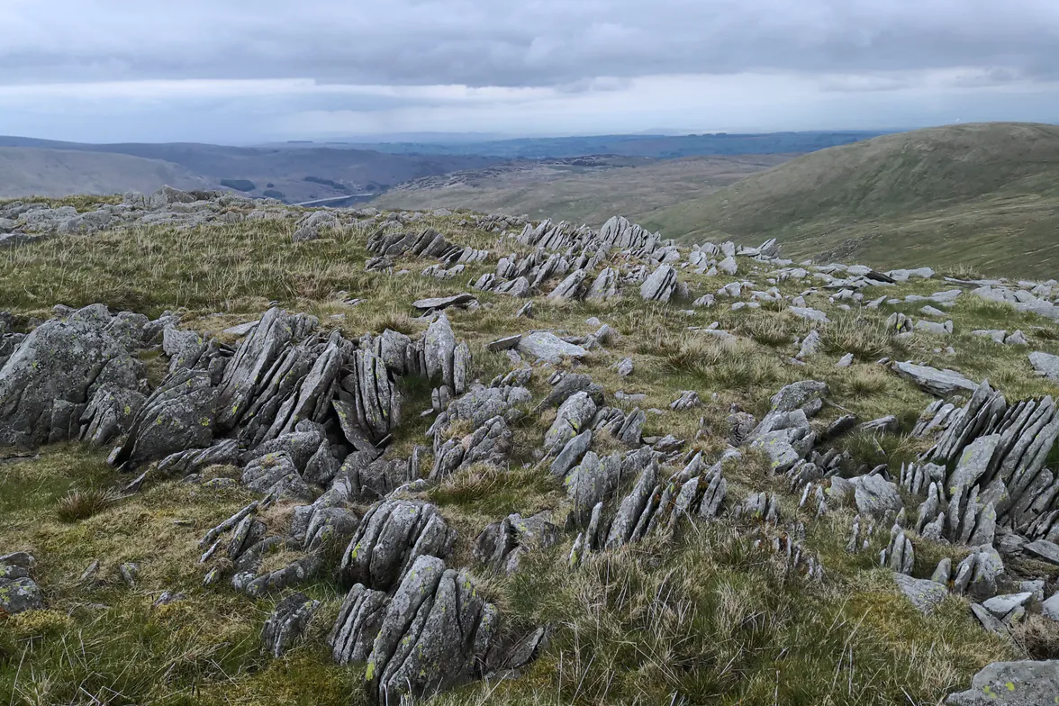 A limestone pavement on open moor, the blocks split into long parallel slabs.