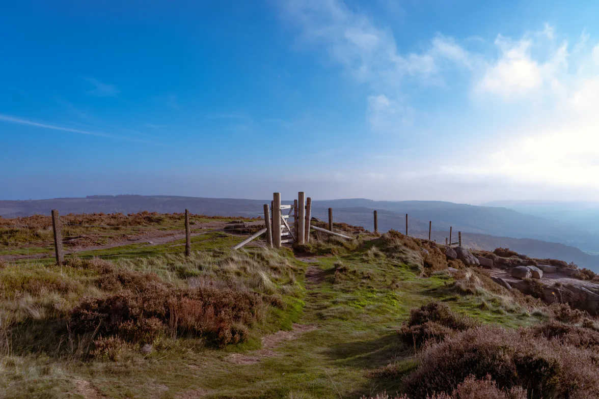 A wooden fence and a worn path over the top of a heather ridge.